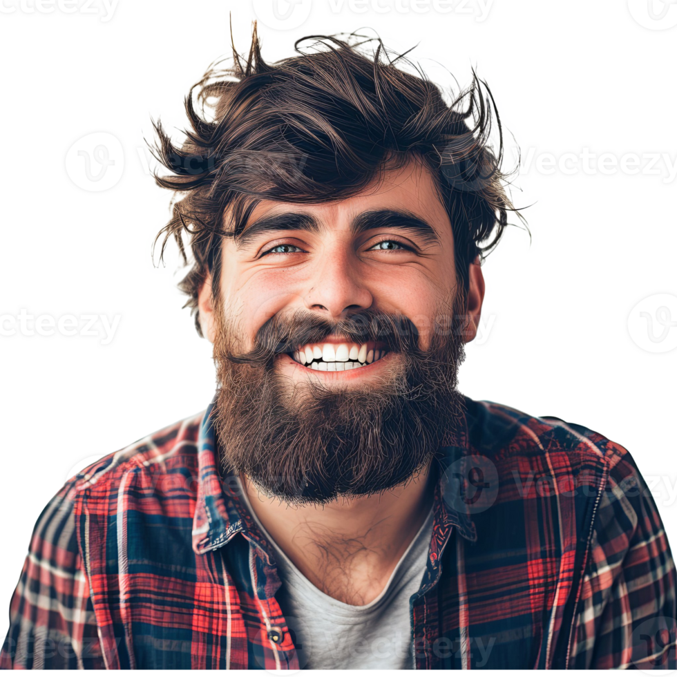 AI generated Portrait of young handsome hipster man with beard smiling laughing looking at camera png