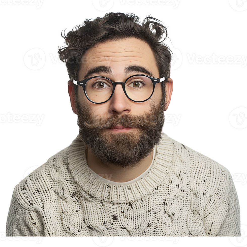 AI generated Young man with beard wearing casual sweater and glasses with happy face png