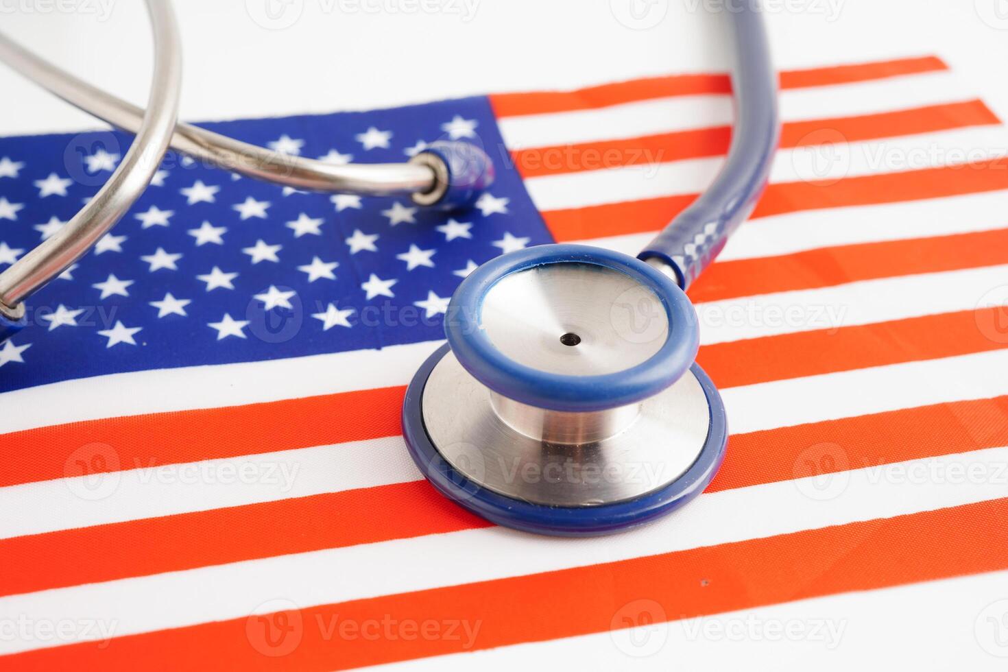 America flag with black stethoscope, Business and finance concept. photo