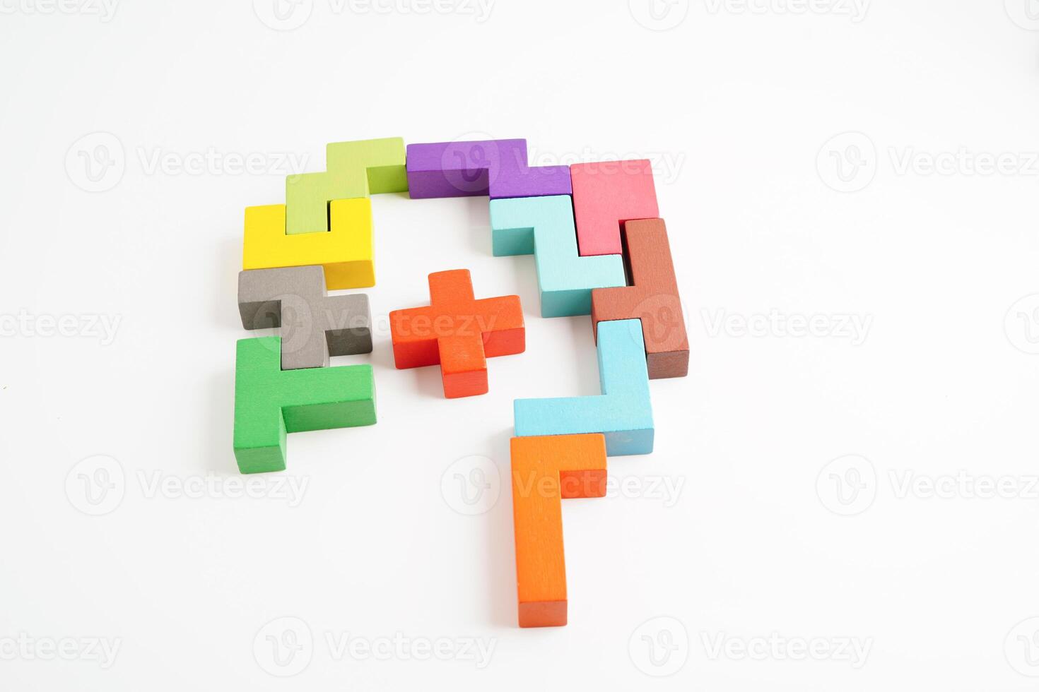 Logical thinking and problem solving problem solution creative business concept, wooden puzzle geometric block shape. photo