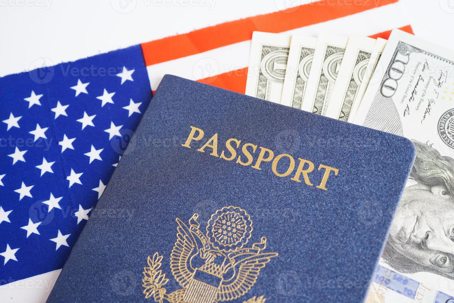 US passport with USA dollar money, American citizen in United States of America. photo