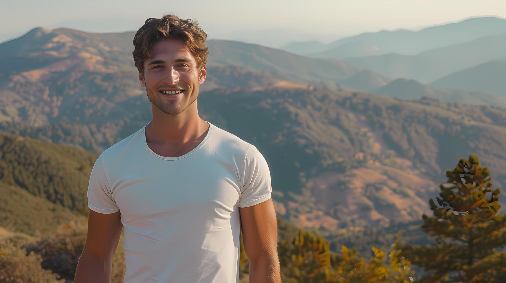 AI generated Male model with bright smile standing outdoors on a summer day. He wore a clean white t-shirt. And there are mountains in the background. photo