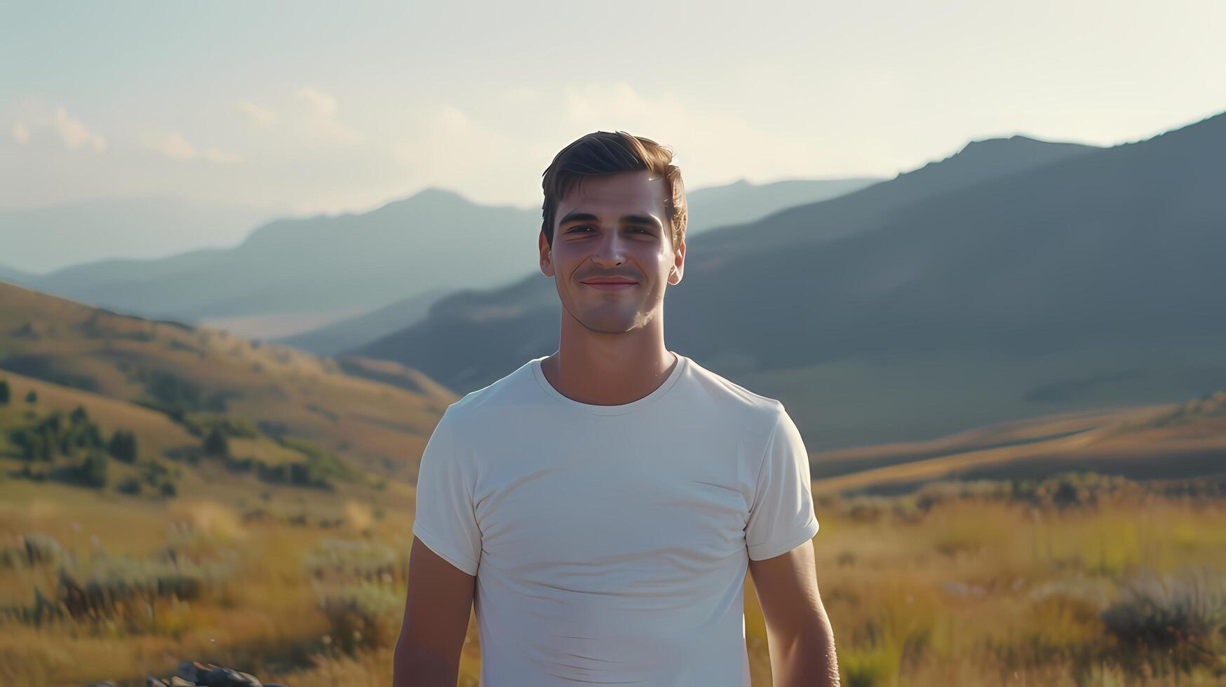 AI generated Male model with bright smile standing outdoors on a summer day. He wore a clean white t-shirt. And there are mountains in the background. photo