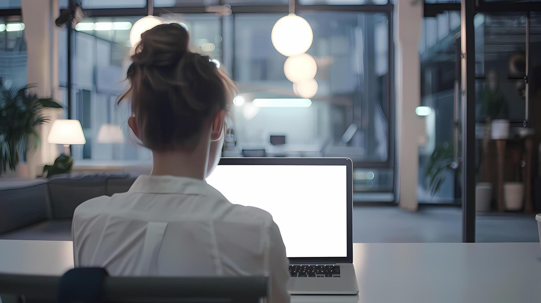 AI generated Woman working on laptop in office photo