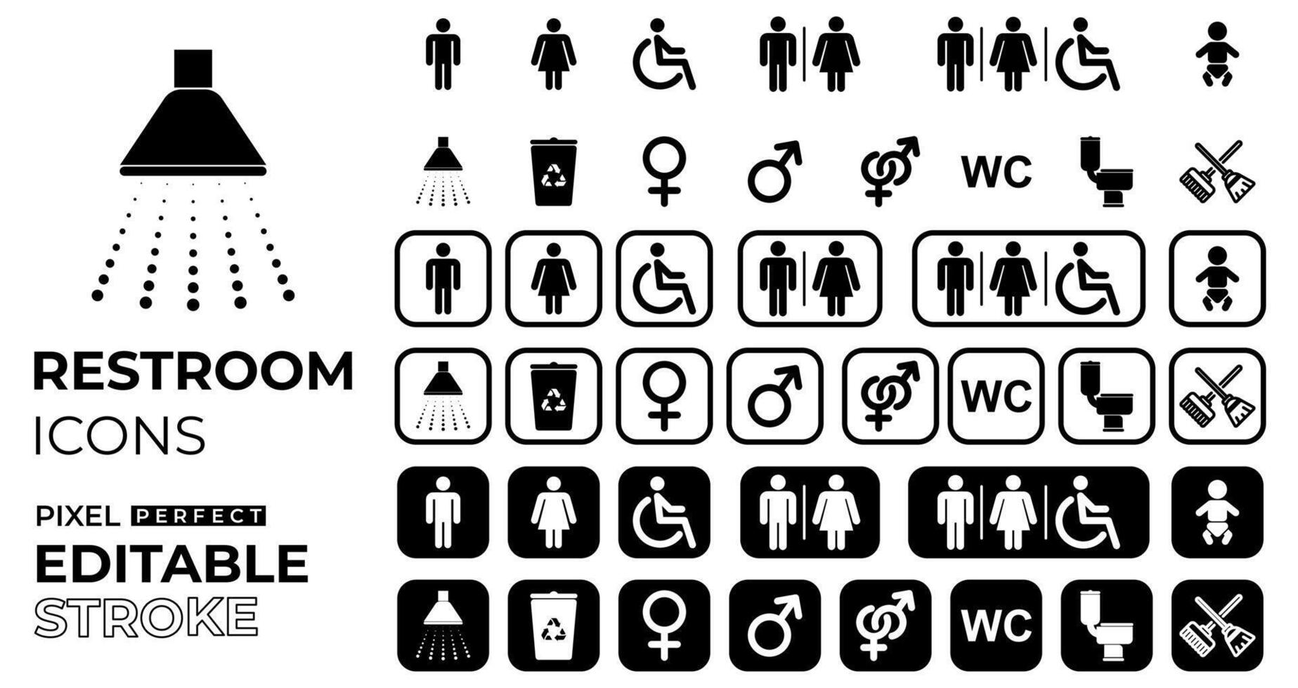 toilet or rest room icons set with male, female, wheelchair or disabled, baby, shower, transgender, recycle, WC, clean signs with editable stroke vector