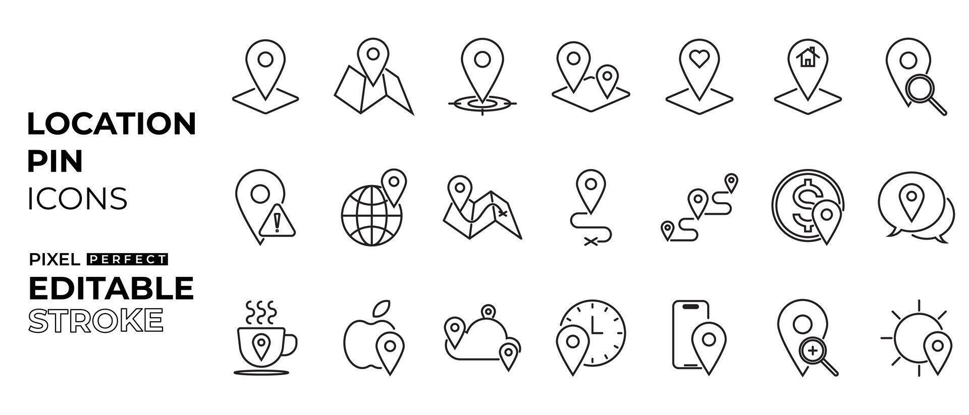 location pin icons collection with map, weather, location, food, search travel and path with editable stroke vector