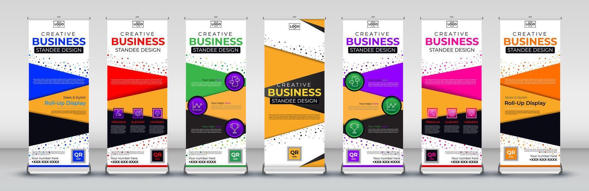 business roll up banner template with vertical abstract background for modern print ready x banner on rectangle size in blue, red, green, yellow, purple, pink and orange colors vector