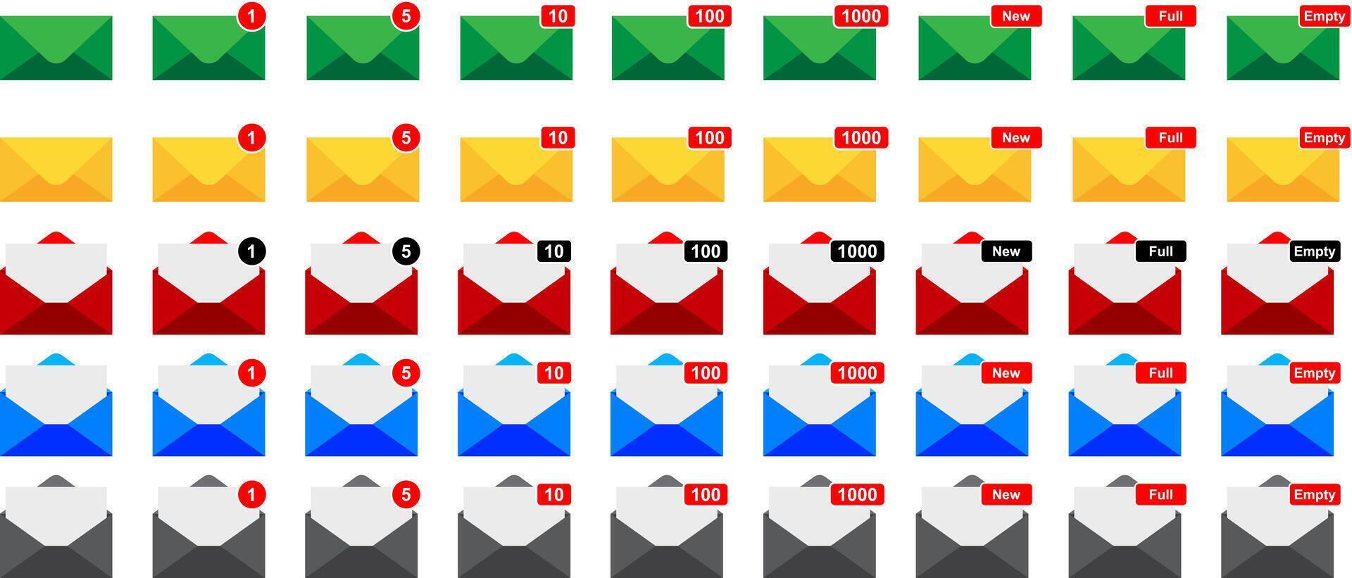 email icon collection in green, yellow, red, blue and black colors with email count notification dots vector
