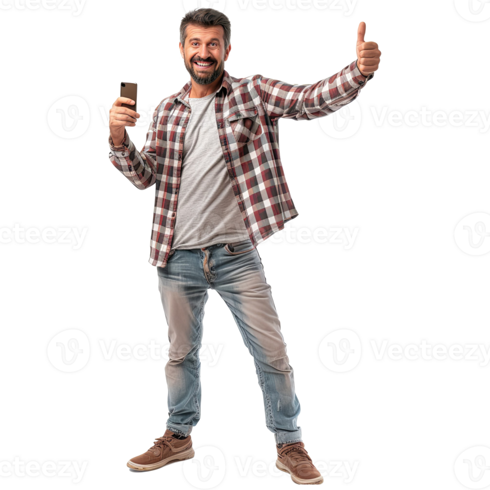 AI generated Full length portrait of a smiling casual man taking selfie and showing thumbs up gesture png