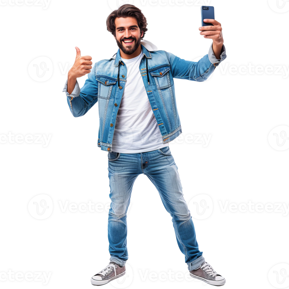 AI generated Full length portrait of a smiling casual man taking selfie and showing thumbs up gesture png
