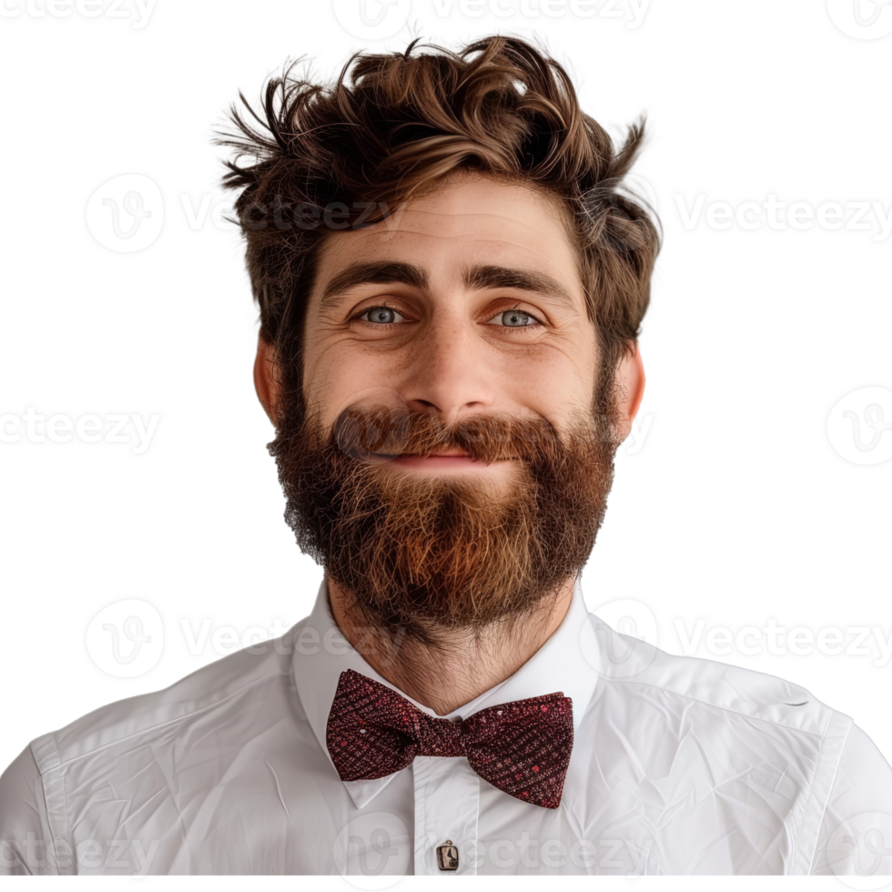 AI generated Emotive bearded man wears formal shirt and bow tie, happy to celebrate anniversary, invites friends on party, glad to recieve presents png