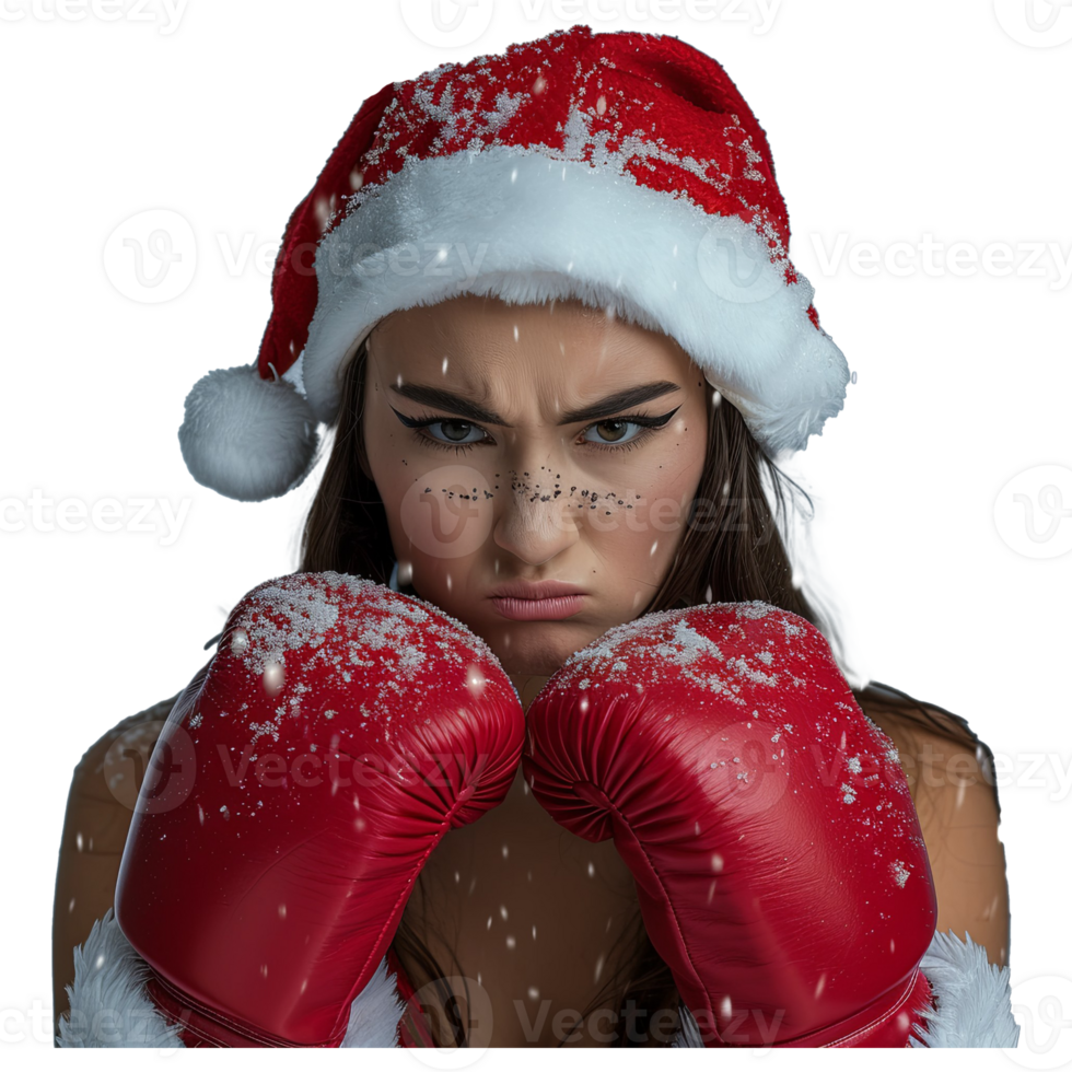 AI generated Beautiful young woman in santa clause costume with boxing gloves looking angry into the camera png