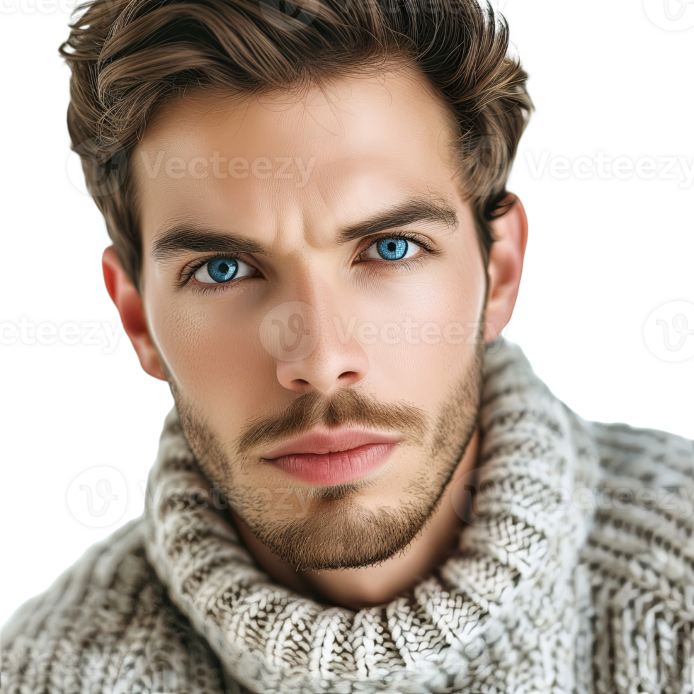 ai generado joven hermoso hombre con azul ojos vistiendo casual suéter png