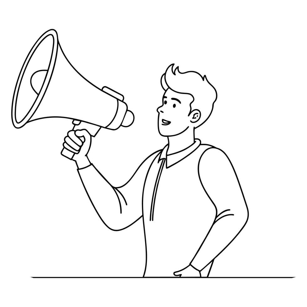 A man holding big loudspeaker line art premium vector illustration