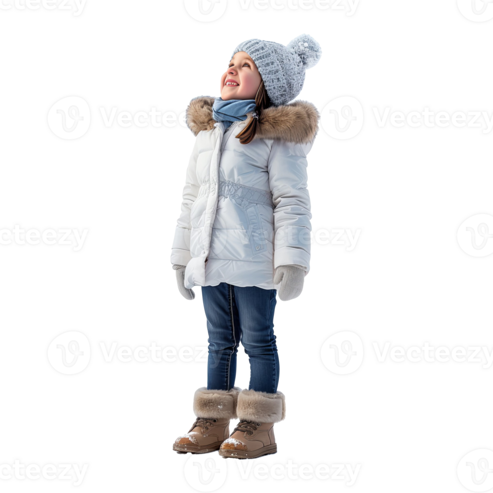 AI generated Full length portrait of a smiling young girl dressed in winter clothes standing on her tiptoes and looking away png