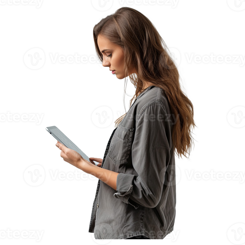 AI generated Side view of model with tablet in studio png