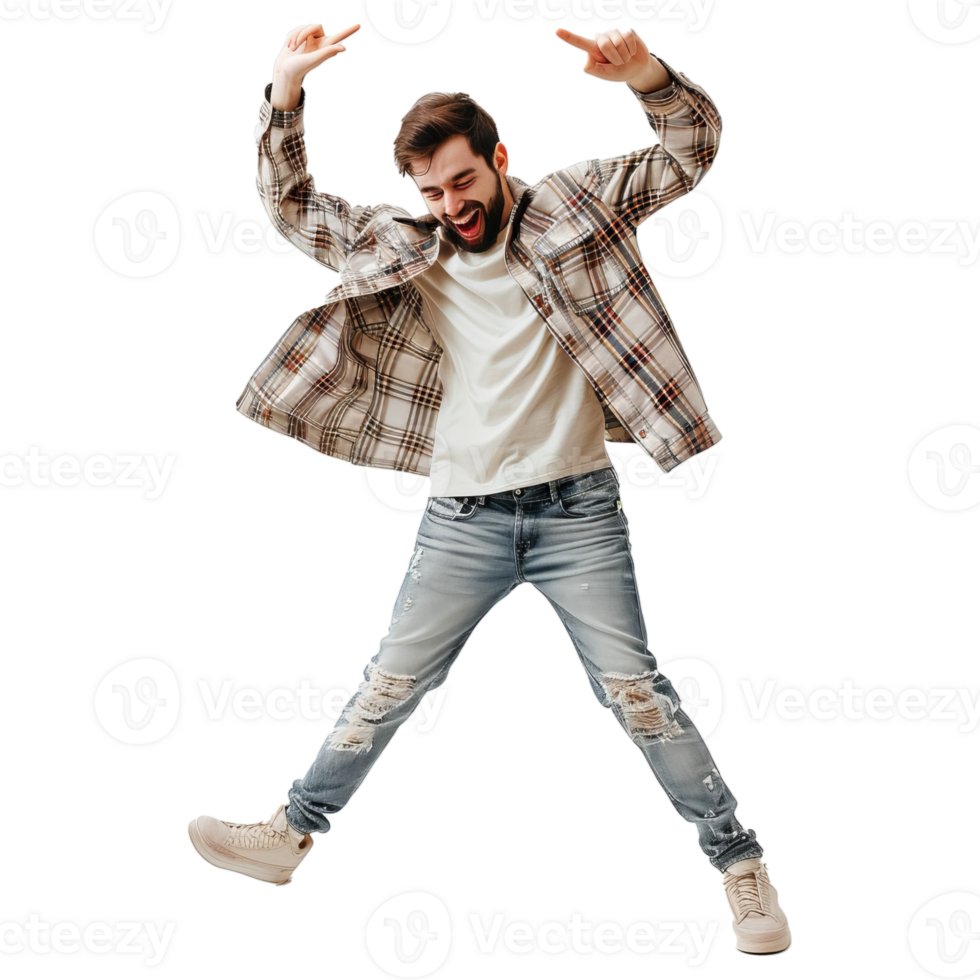 AI generated Full length photo of cool excited guy look empty space discounts dance png