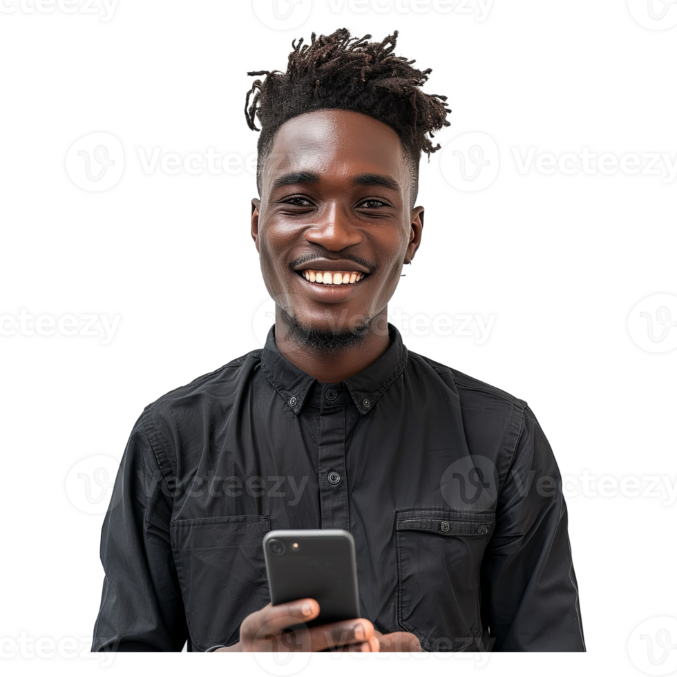AI generated Young Happy African Man With Cellphone png