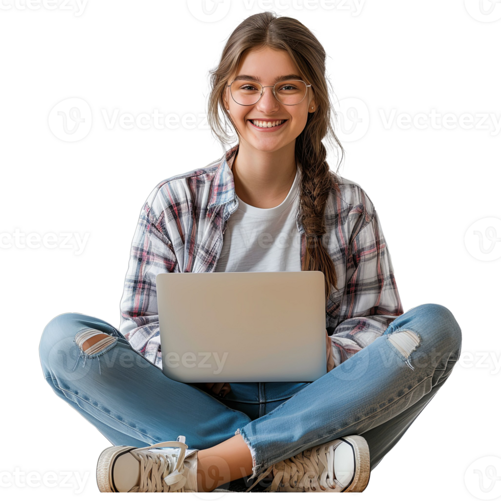 AI generated Portrait of a smiling young woman sitting with legs crossed, using laptop computer png