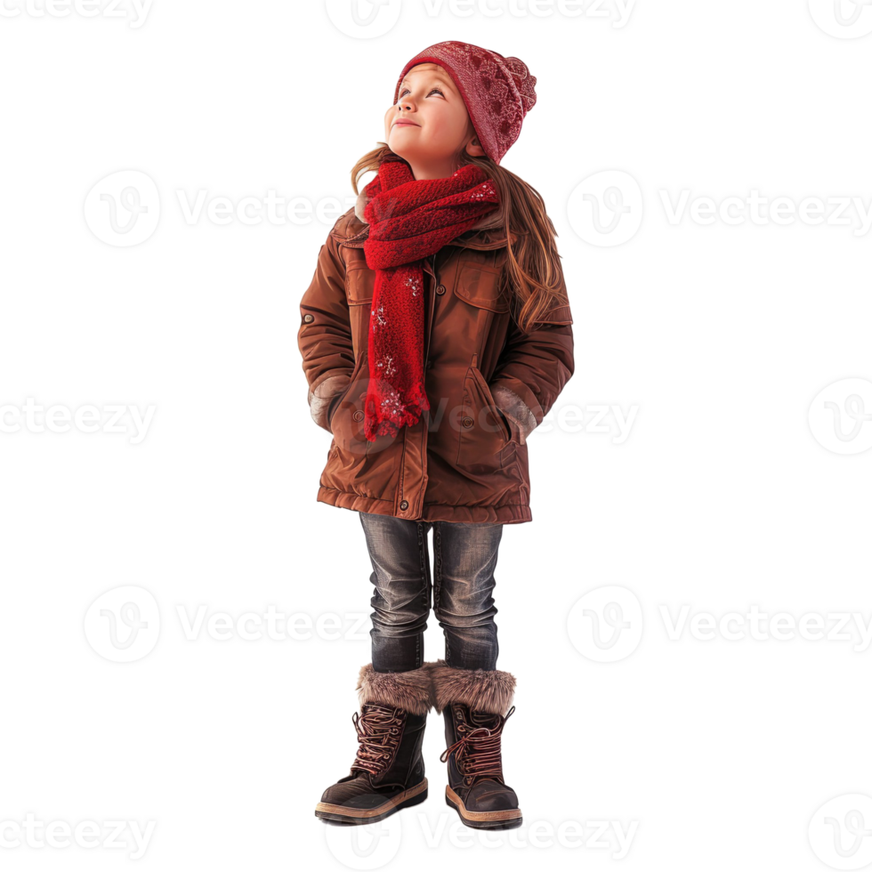 AI generated Full length portrait of a smiling young girl dressed in winter clothes standing on her tiptoes and looking away png