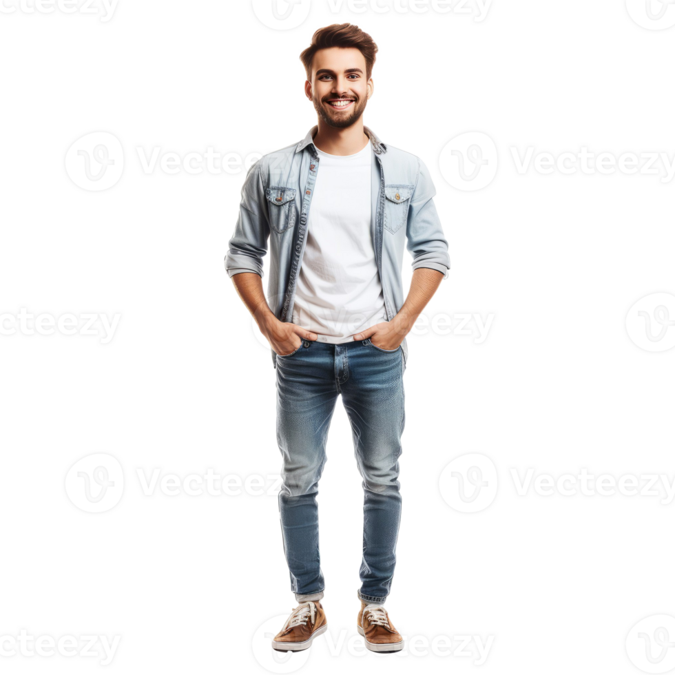 AI generated Full size of body photo of charming cheerful positive young man hold hands pockets png