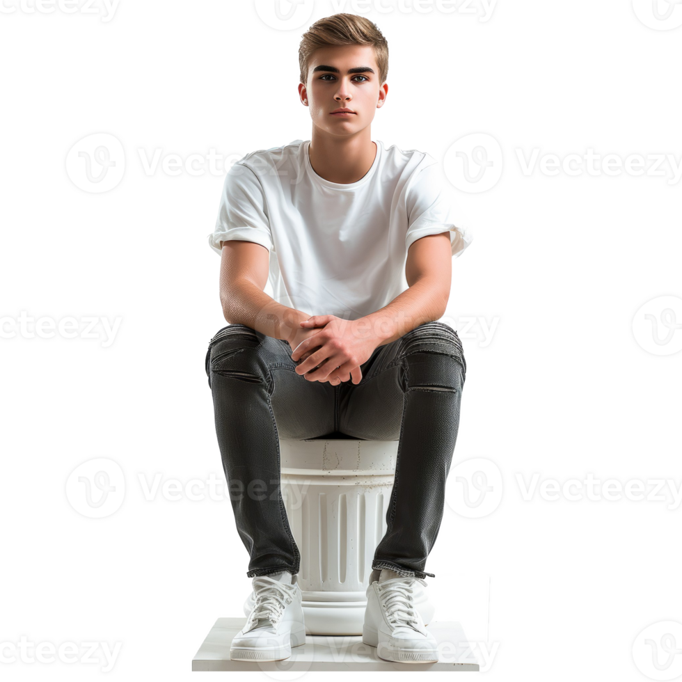 AI generated Casual young man sitting on a white column png
