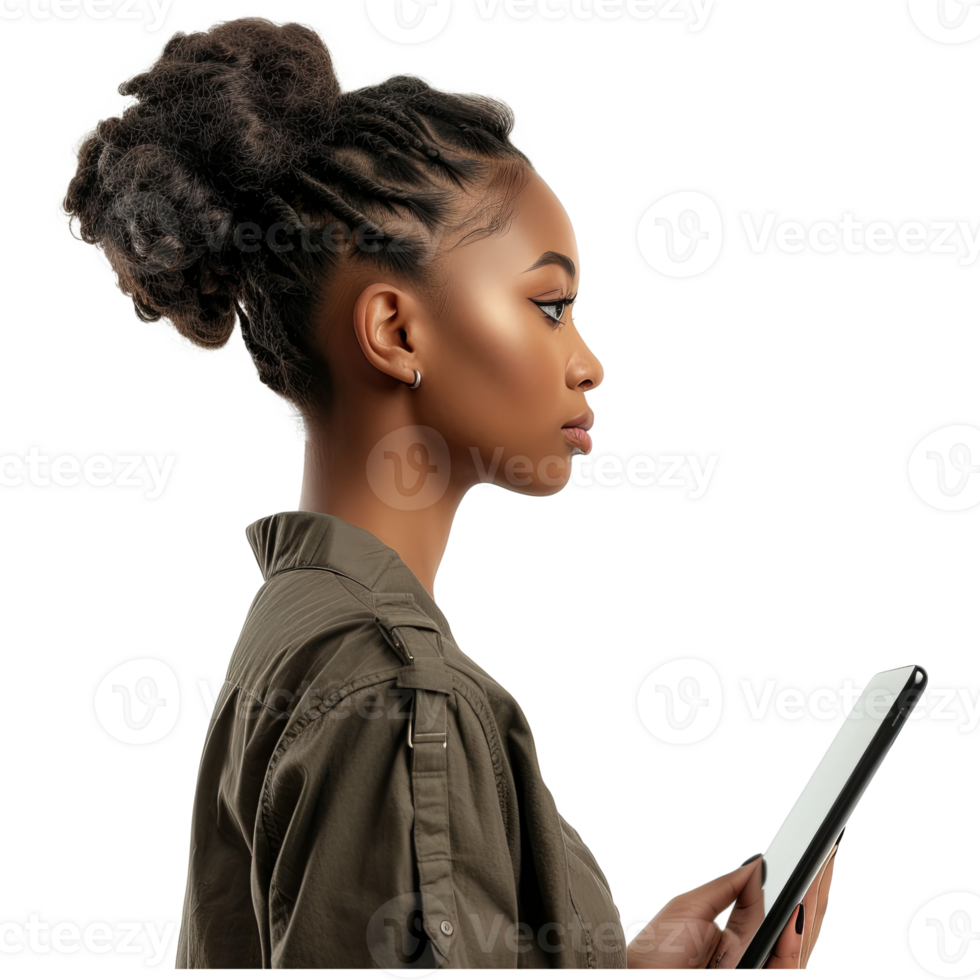 AI generated Side view of black model with tablet png