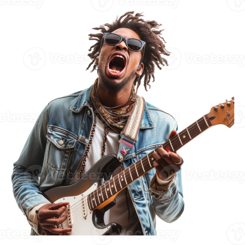 ai genererad galen Häftigt hipster afrikansk amerikan kille låtsas spelar gitarr har roligt png