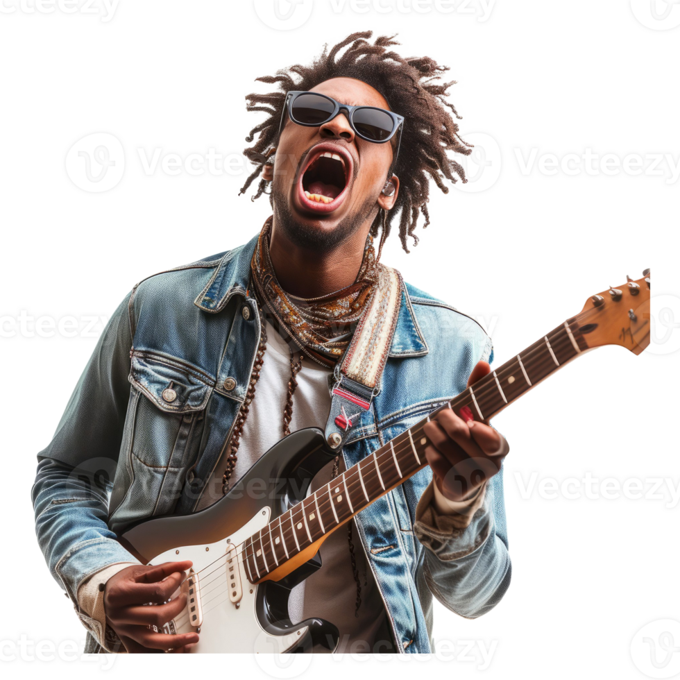 ai generiert verrückt cool Hipster afrikanisch amerikanisch Kerl vorgeben spielen Gitarre haben Spaß png