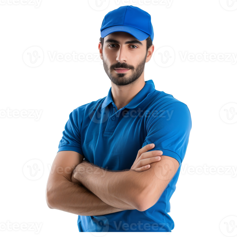 AI generated Professional delivery guy employee man wears blue cap t-shirt uniform work wear work as dealer courier png