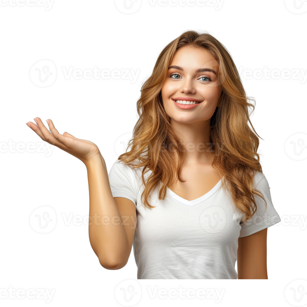 AI generated Portrait of cheerful beautiful young woman showing copyspace or something png