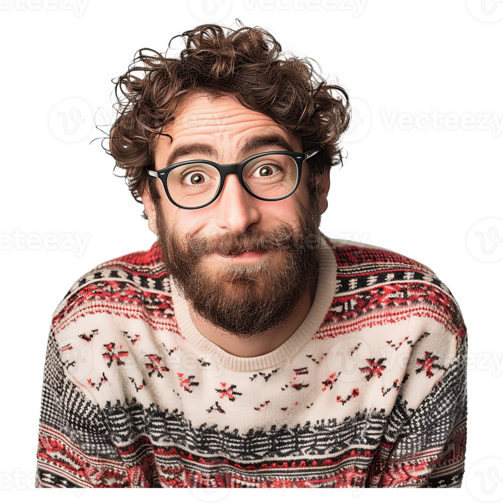 AI generated Young handsome man with beard wearing casual sweater and glasses fingers to camera with happy and funny face png