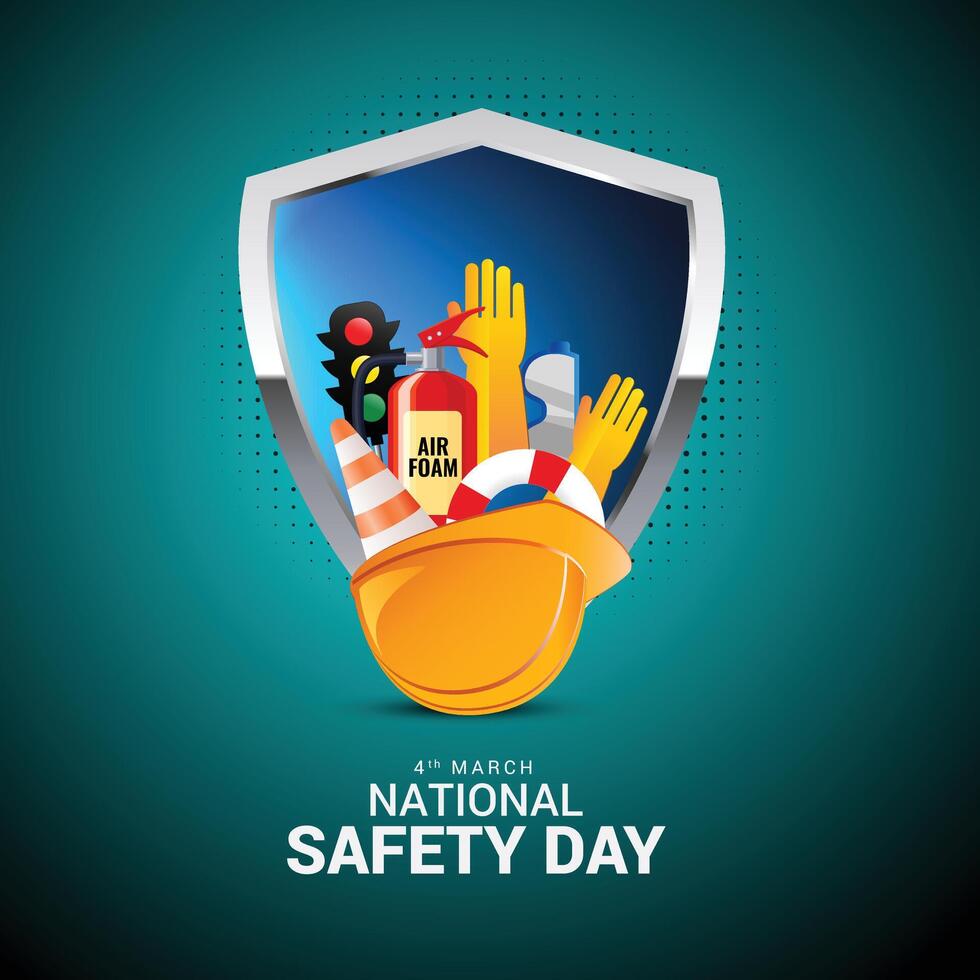 National Safety Day, Week and Worker, Employee Safety Awareness at Workplace, Road Safety Week Day. Ensuring the safety of the first road and all workers with traffic lights, helmets vector