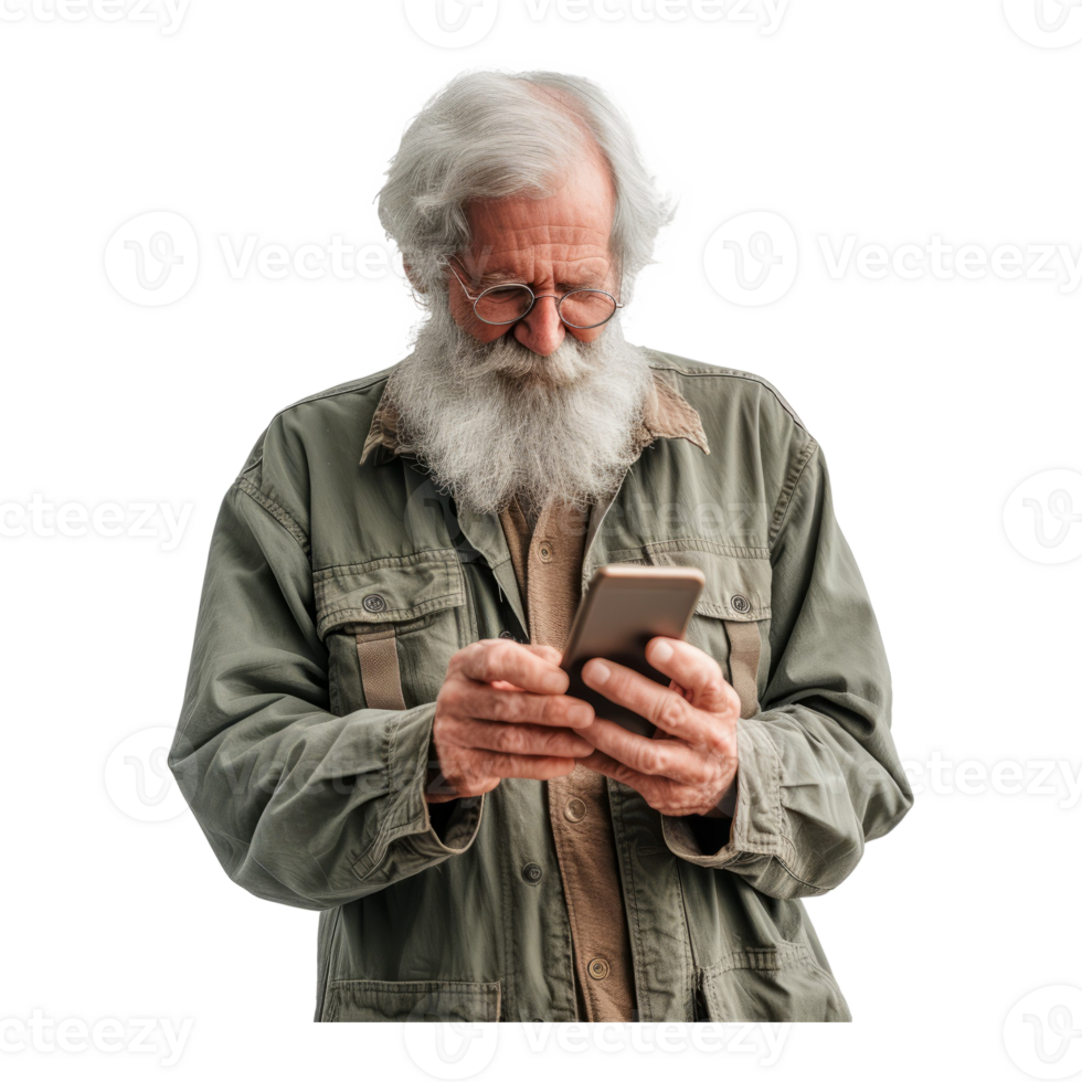 AI generated Older happy bearded stylish hipster man holding cell phone communicating online png