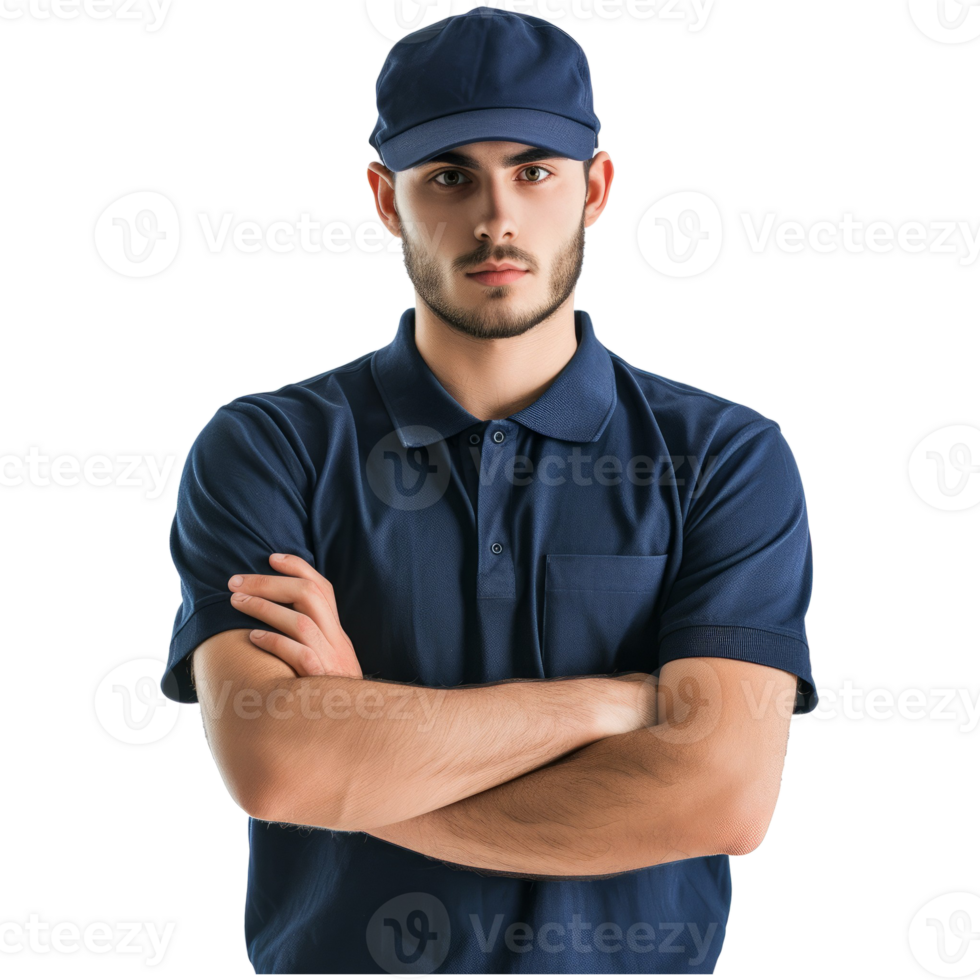 AI generated Professional delivery guy employee man wears dark blue cap t-shirt uniform work wear work as courier png