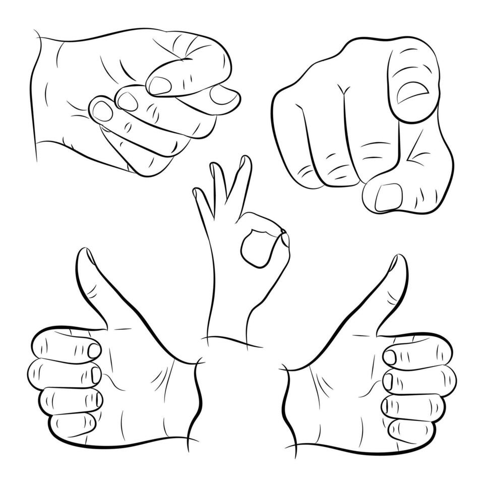 Various abstract hands, ok and thumbs up for set of character design vector illustrations. Set of hands in gestures