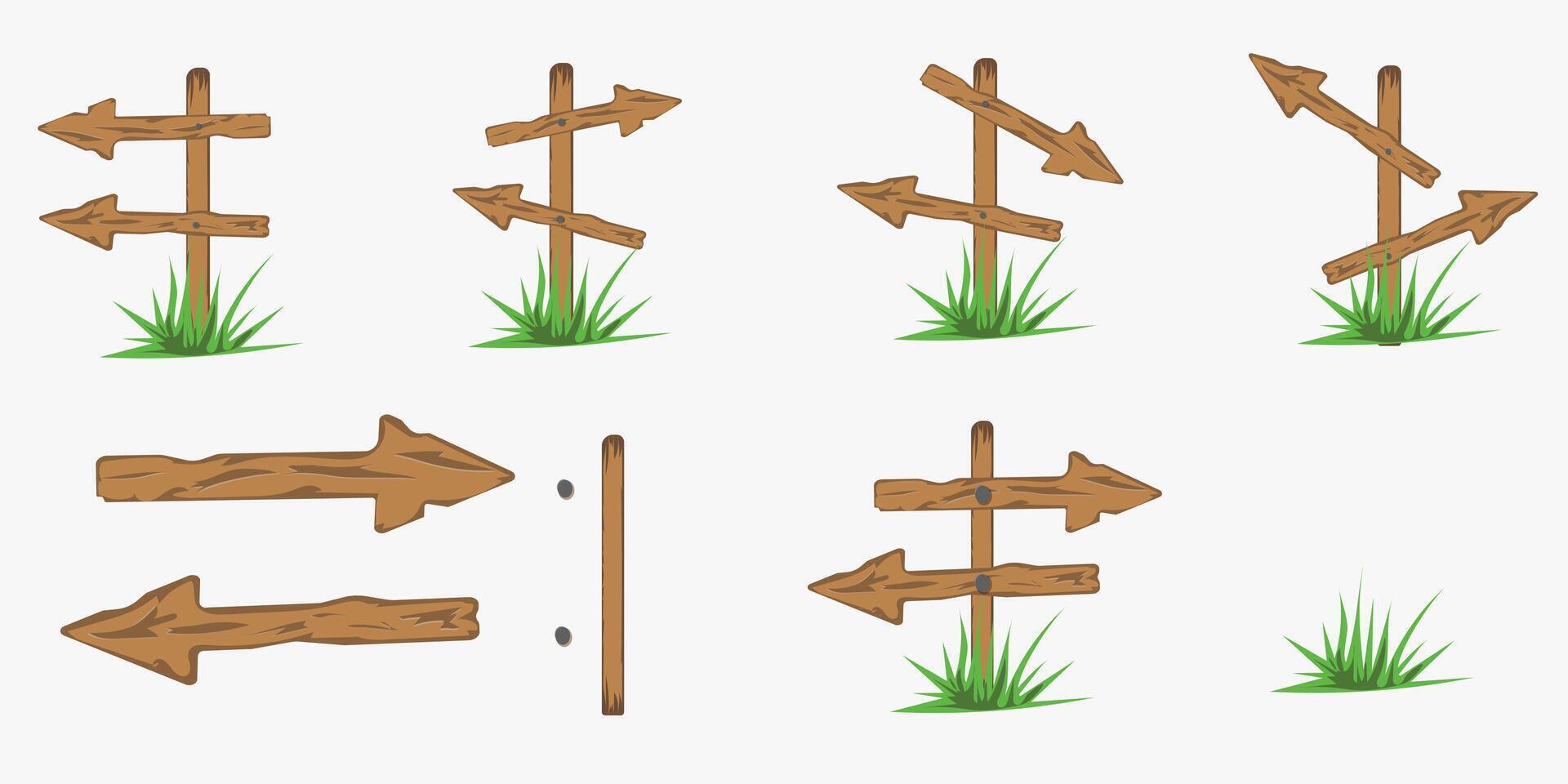 wooden signs with green grass. scenographer of arrows for any purpose. Abstract template with wooden signs. vector