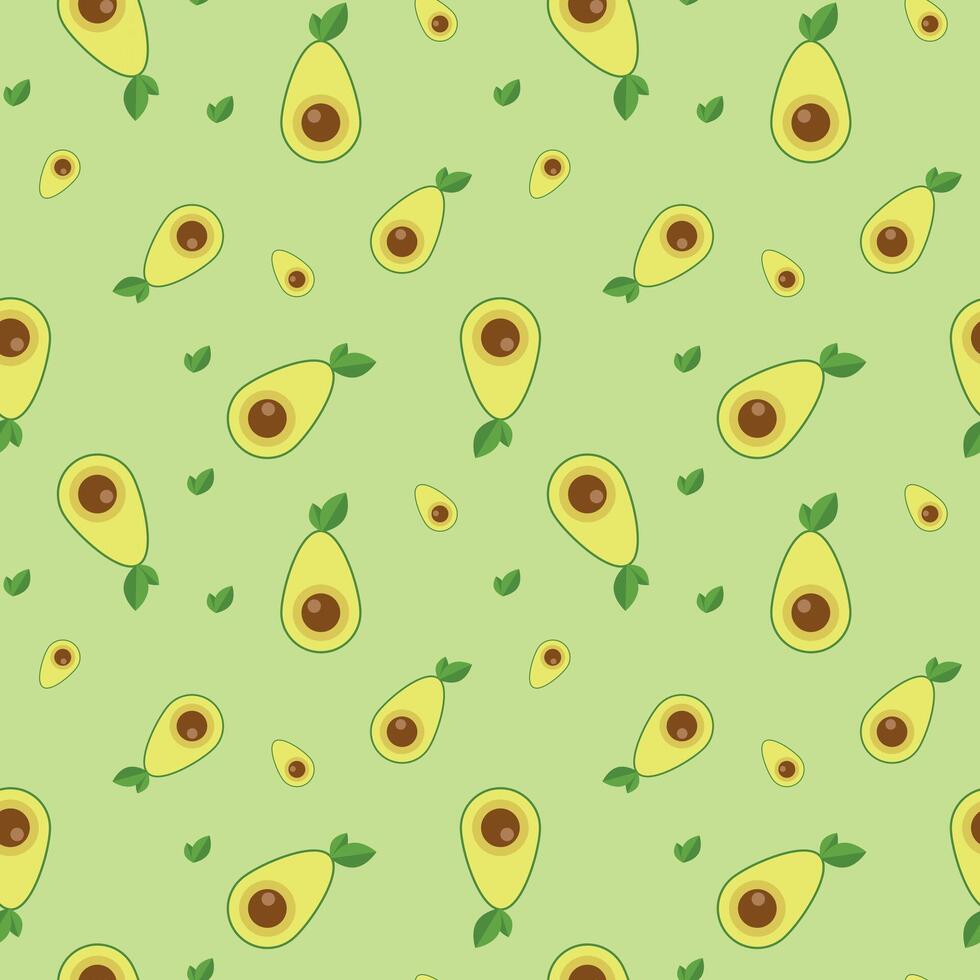 Seamless pattern of green avocado cut in half with pit and leaves for any purpose.. with pit. Vector illustration on light green background