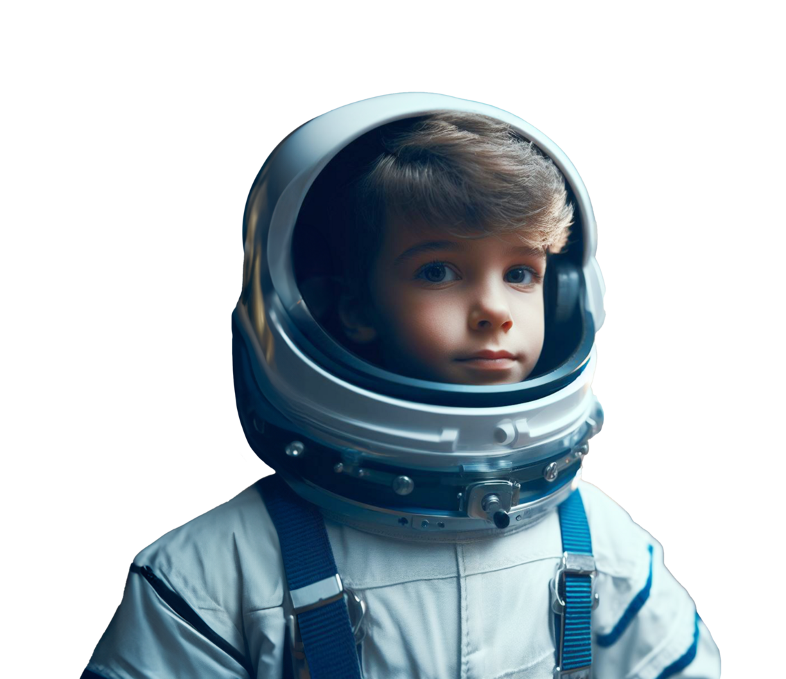 10 year old boy in a space suit Background of space shuttle launch station and spaceship Children career dream concept png
