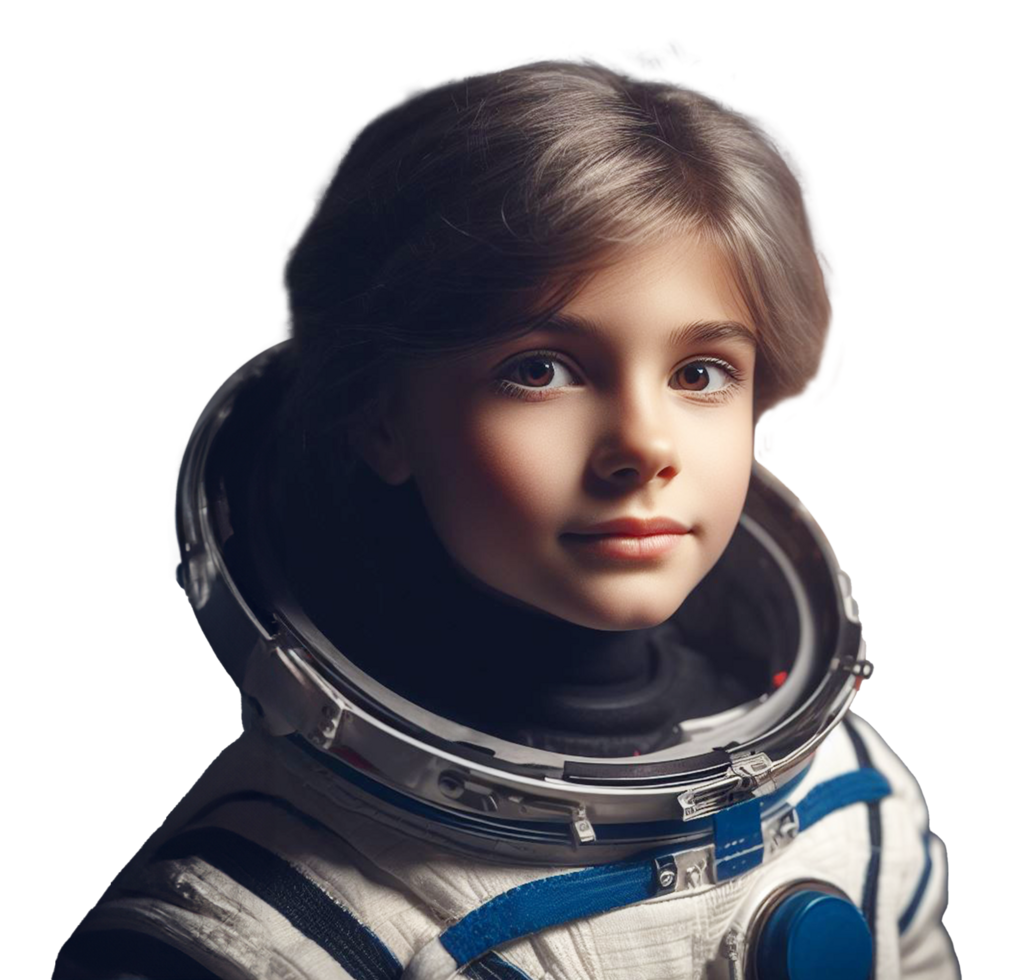 10 year old boy in a space suit Background of space shuttle launch station and spaceship Children career dream concept png