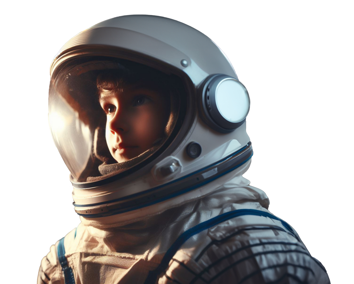 10 year old boy in a space suit Background of space shuttle launch station and spaceship Children career dream concept png