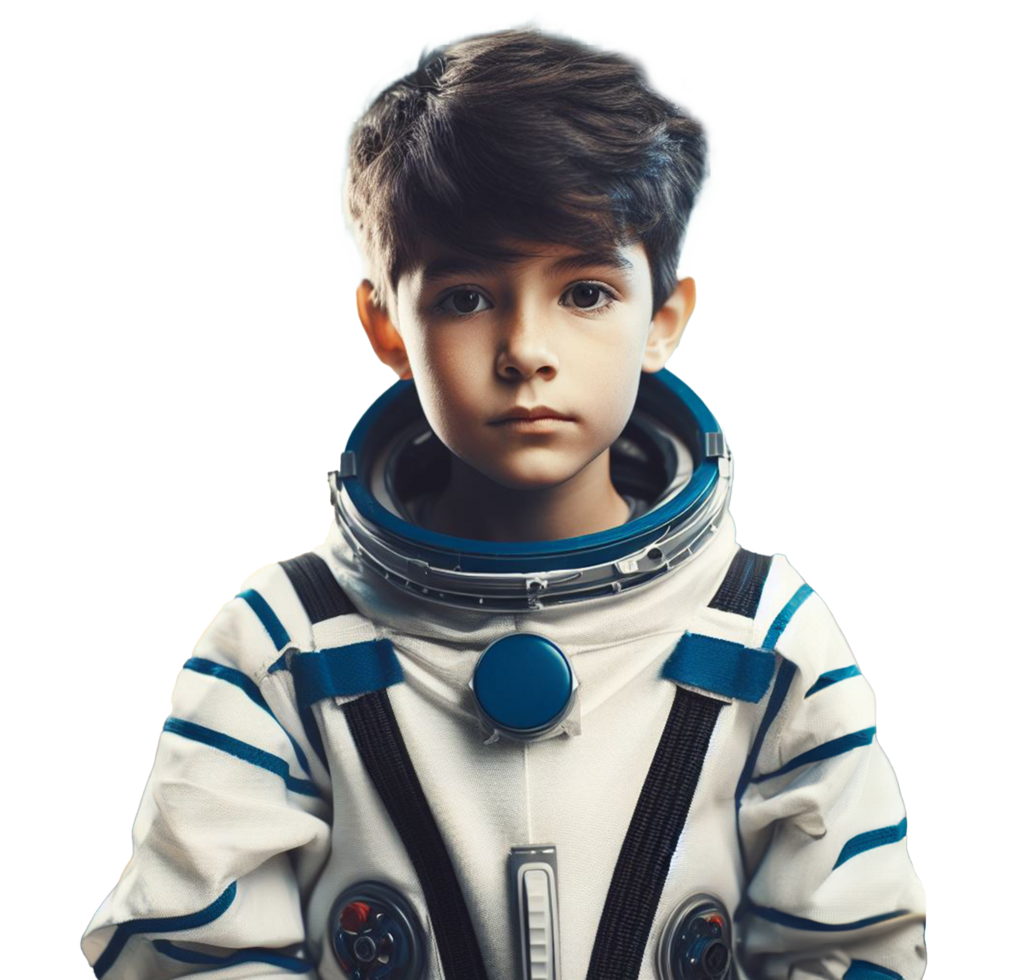 10 year old boy in a space suit Background of space shuttle launch station and spaceship Children career dream concept png