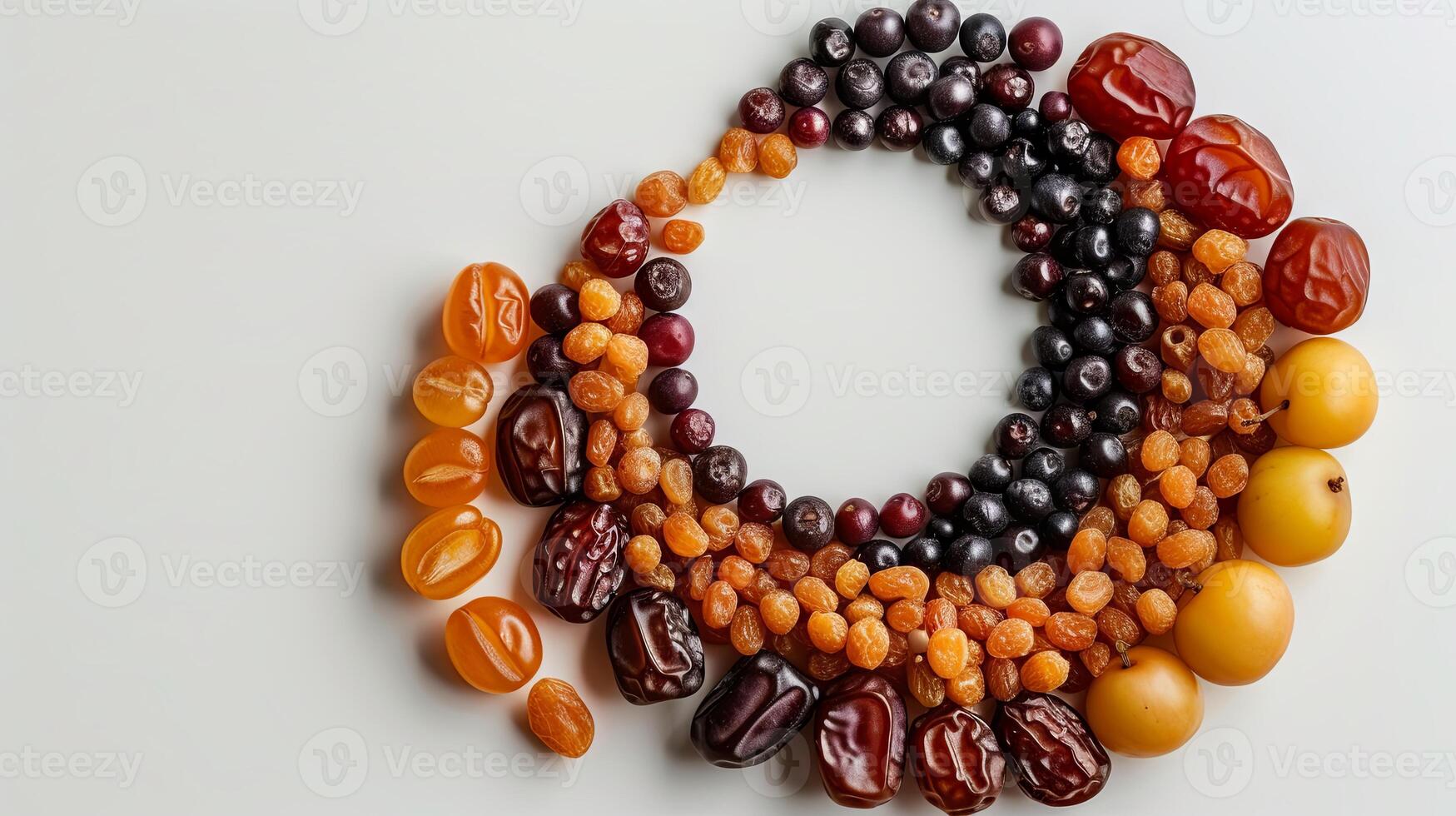 AI generated Mix of dried fruits and berries on white background. Top view. Arabic islamic food. photo