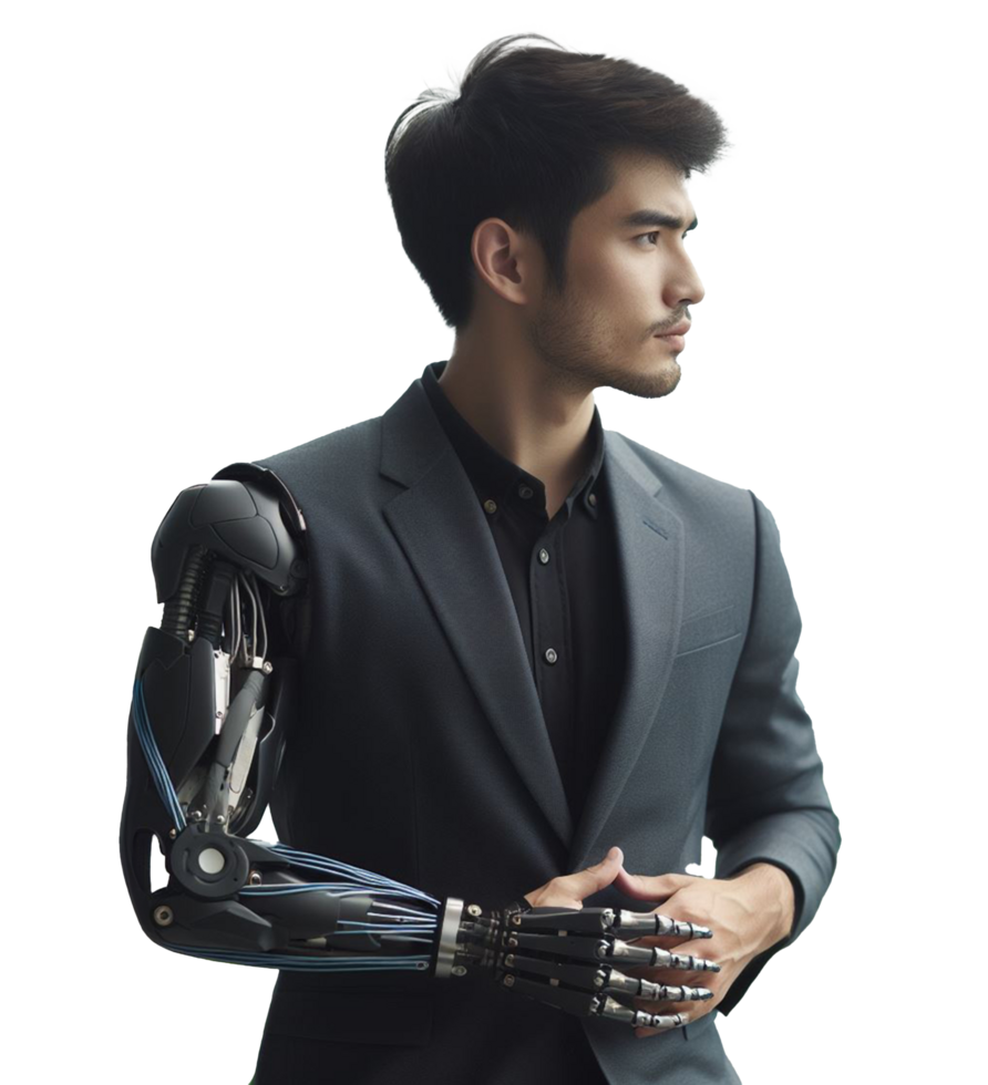 A man with a prosthetic arm an AI powered mechanical arm the concept of producing prosthetic arms for amputees png