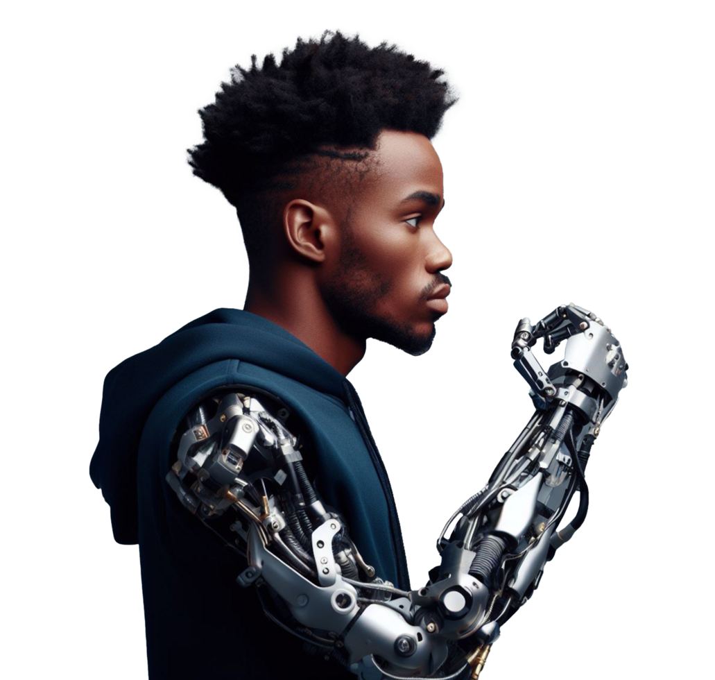 A man with a prosthetic arm an AI powered mechanical arm the concept of producing prosthetic arms for amputees png