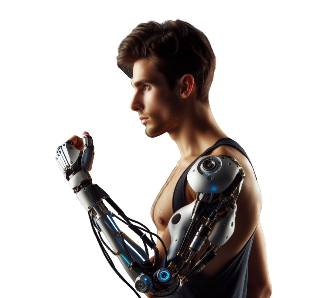 A man with a prosthetic arm an AI powered mechanical arm the concept of producing prosthetic arms for amputees png