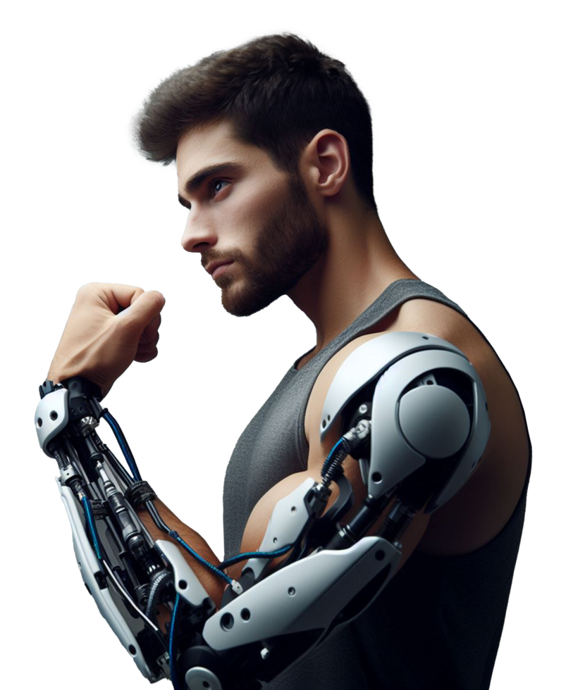 uma homem com uma protético braço a ai alimentado mecânico braço a conceito do produzindo protético braços para amputados png