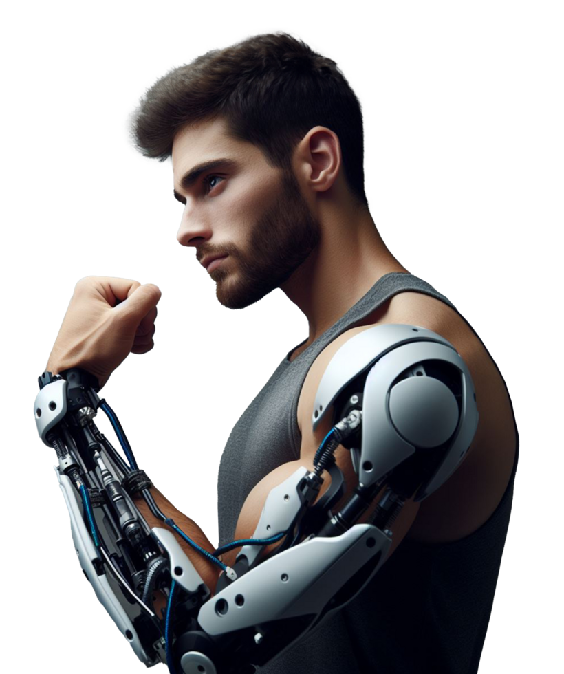 A man with a prosthetic arm an AI powered mechanical arm the concept of producing prosthetic arms for amputees png