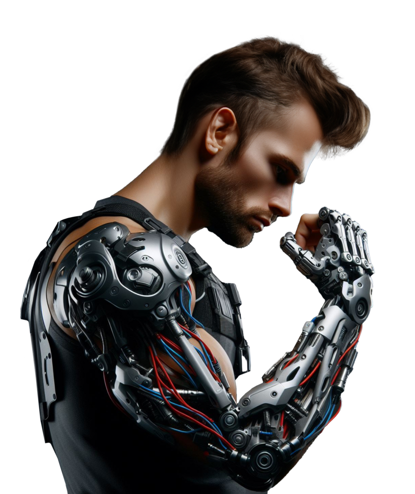 A man with a prosthetic arm an AI powered mechanical arm the concept of producing prosthetic arms for amputees png