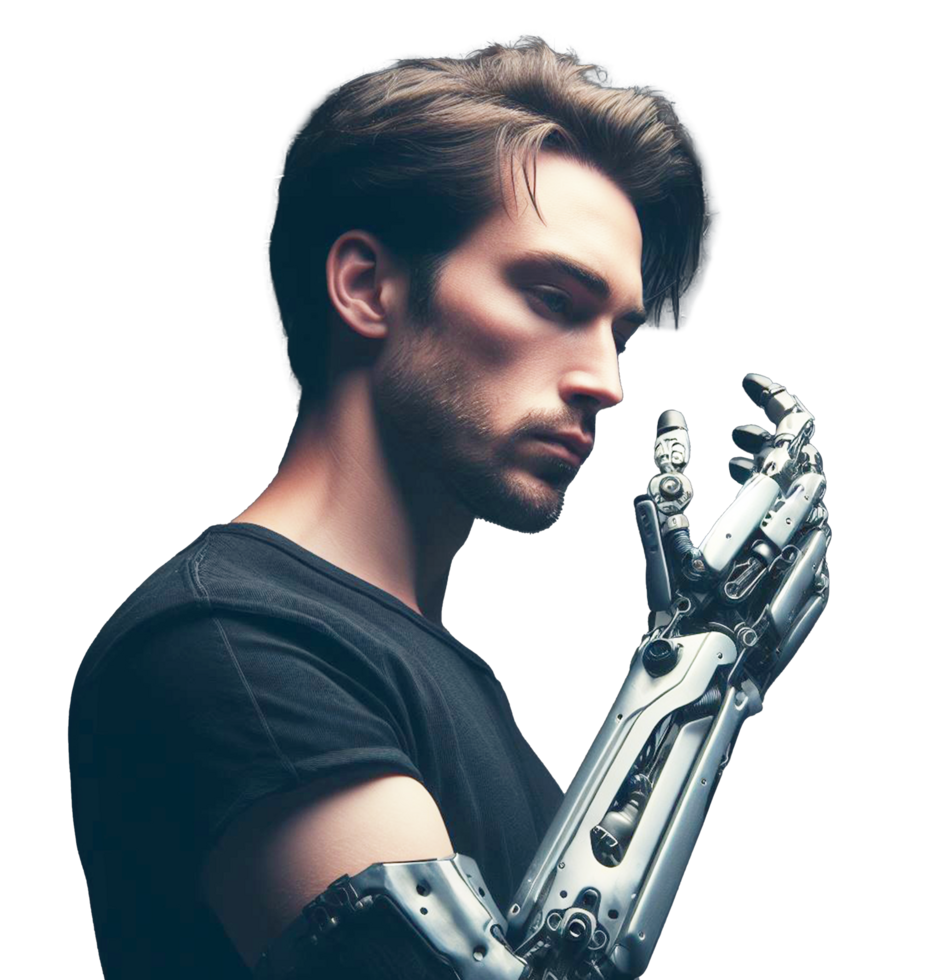 A man with a prosthetic arm an AI powered mechanical arm the concept of producing prosthetic arms for amputees png